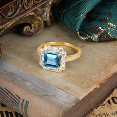 2.5CT Radiant Cut Aquamarine Engagement Ring Pave Halo Bridal Ring