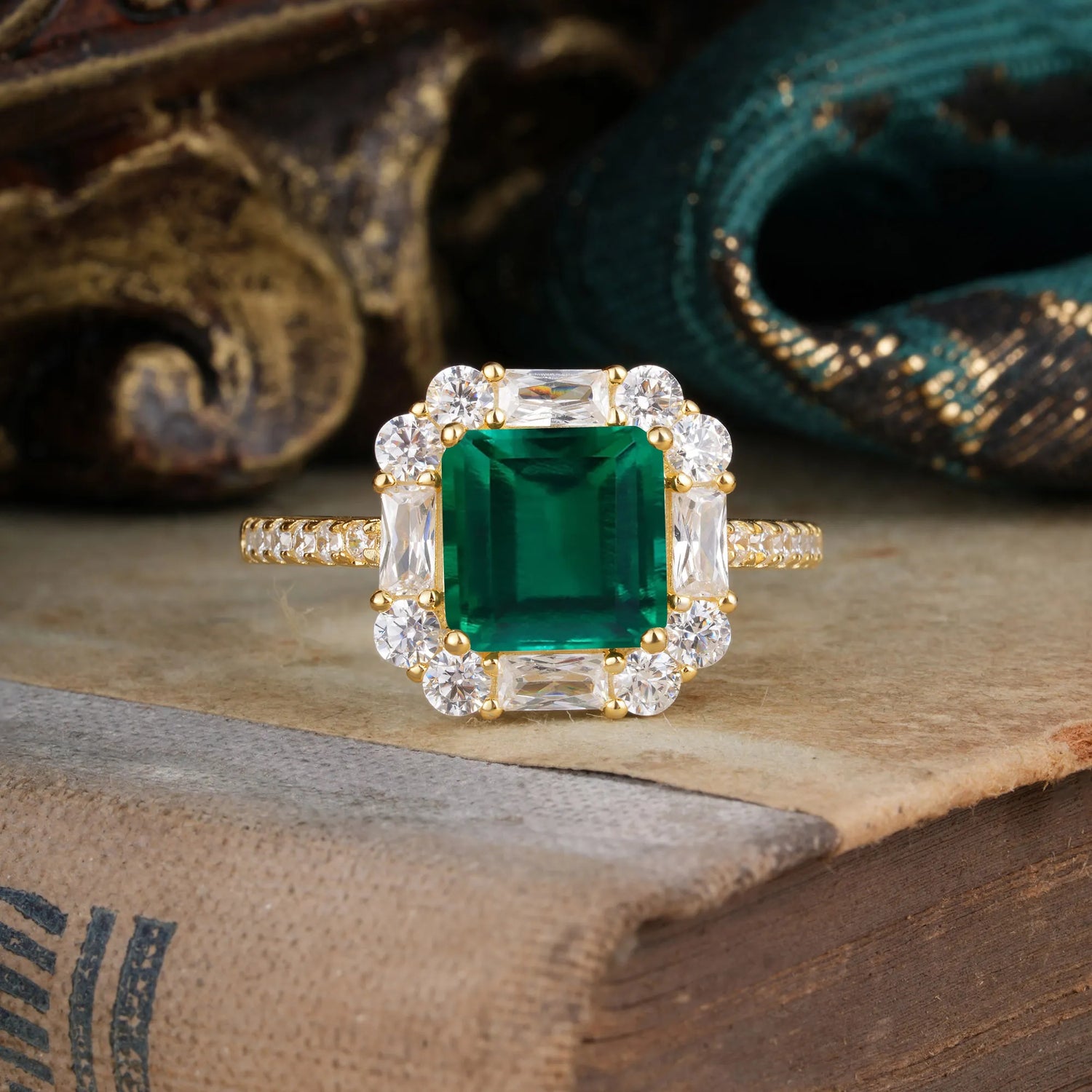 2.5CT Radiant Cut Emerald Cluster Engagement Ring