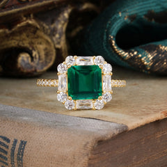 2.5CT Radiant Cut Emerald Engagement Ring Pave Halo Bridal Ring