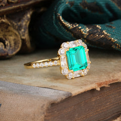 2.5CT Radiant Cut Emerald Engagement Ring Pave Halo Bridal Ring