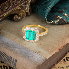 2.5CT Radiant Cut Emerald Engagement Ring Pave Halo Bridal Ring