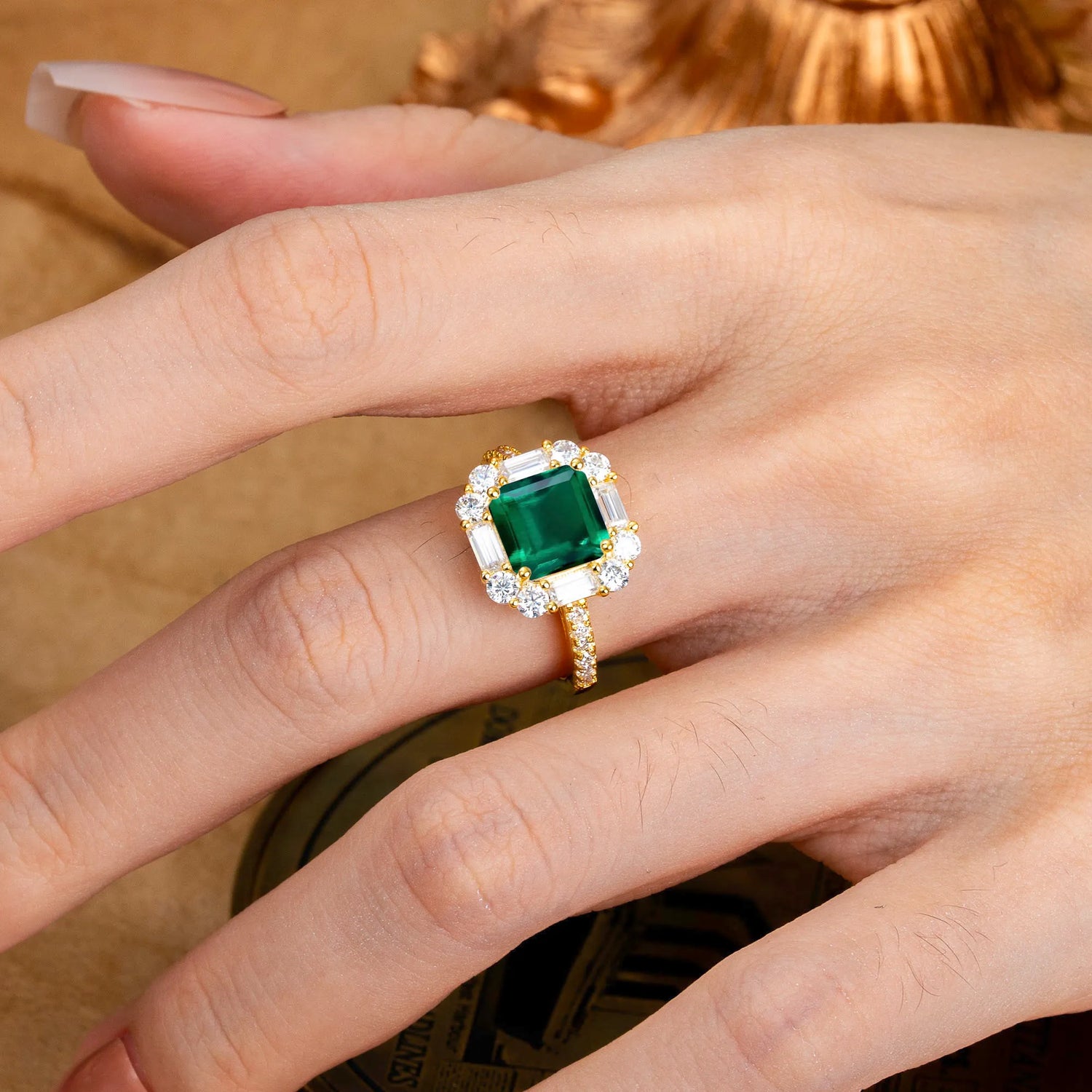 2.5CT Radiant Cut Emerald Cluster Engagement Ring