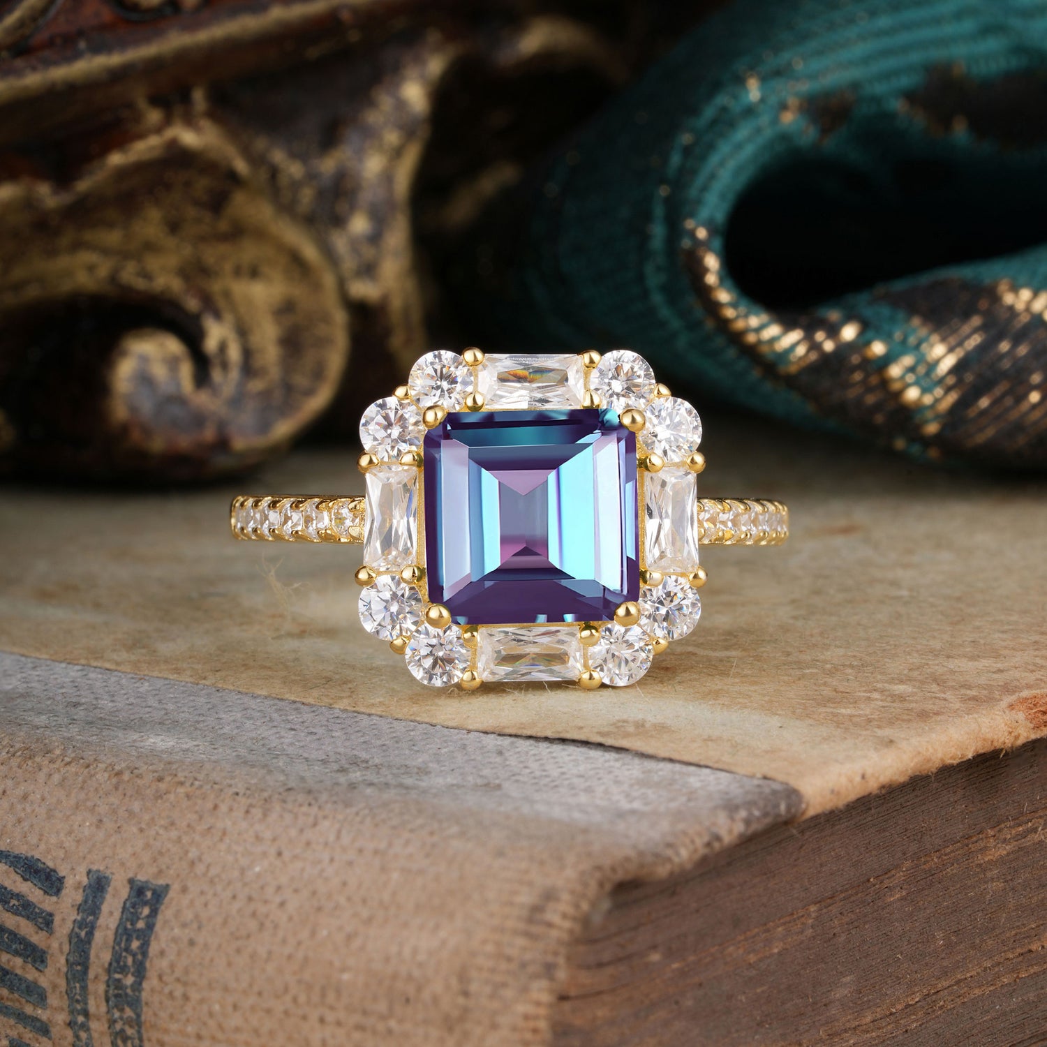 2.5CT Radiant Cut Alexandrite Cluster Engagement Ring
