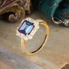 2.5CT Radiant Cut Alexandrite Engagement Ring Pave Halo Bridal Ring