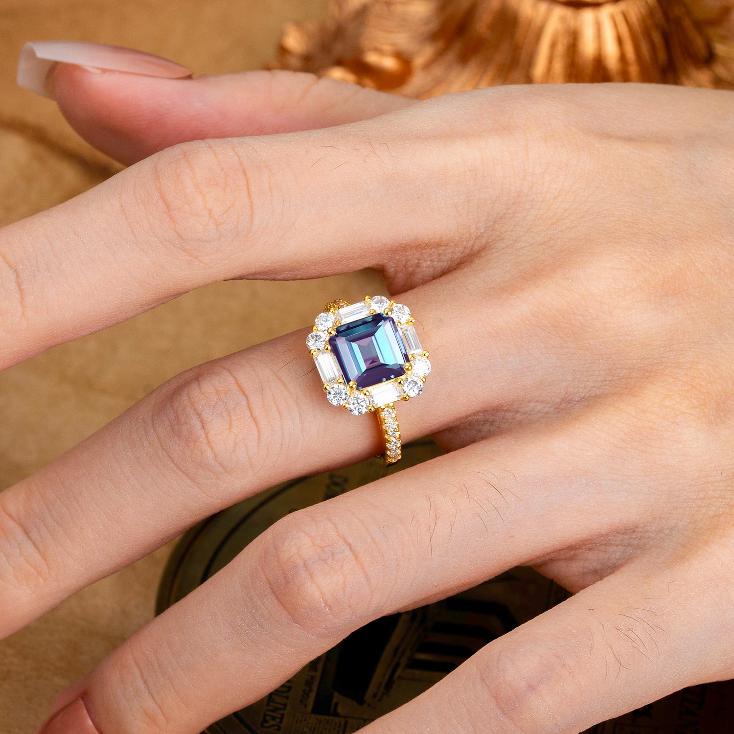 2.5CT Radiant Cut Alexandrite Cluster Engagement Ring