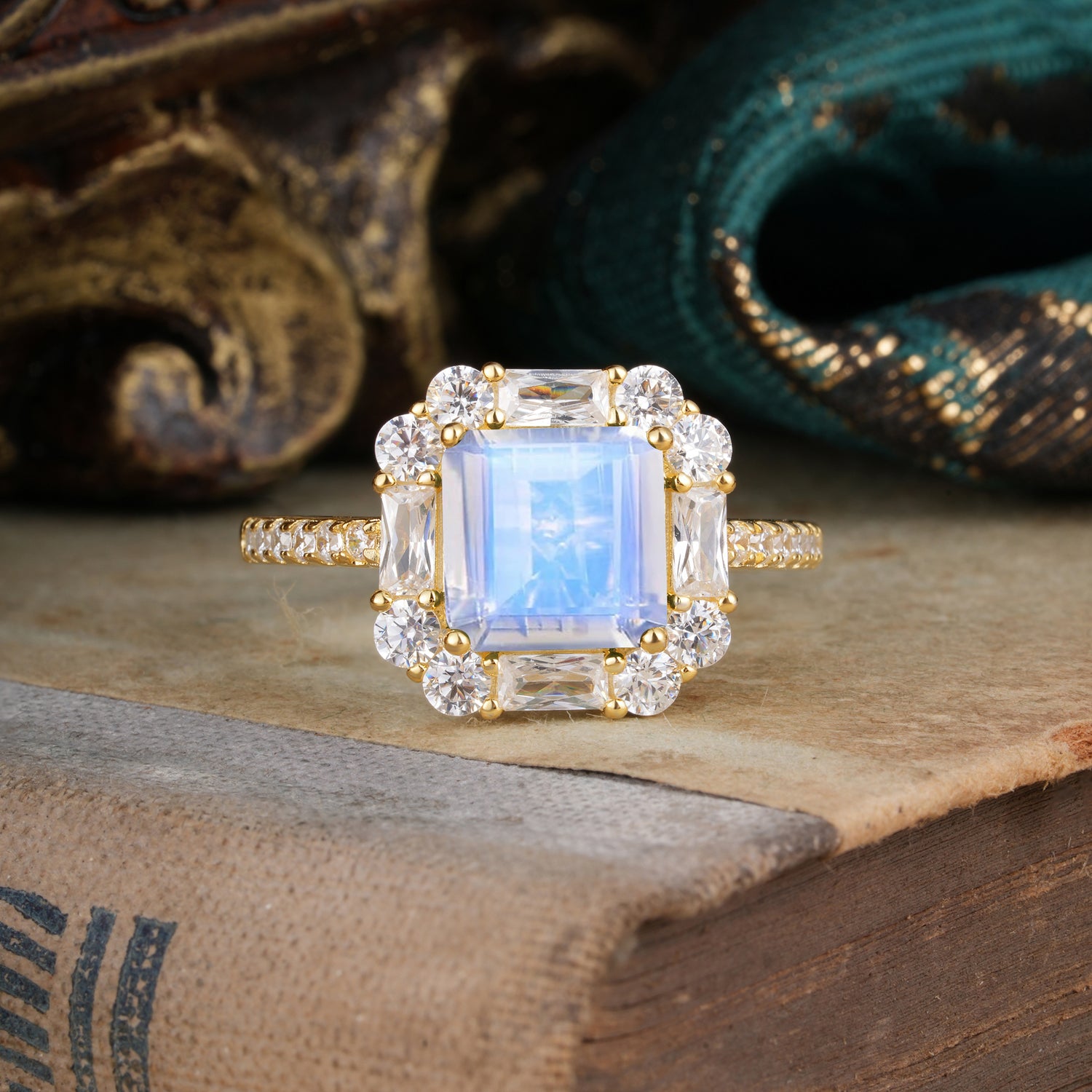 2.5CT Radiant Cut Moonstone Cluster Engagement Ring