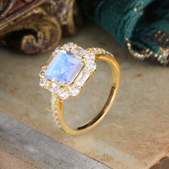 2.5CT Radiant Cut Moonstone Engagement Ring Pave Halo Bridal Ring