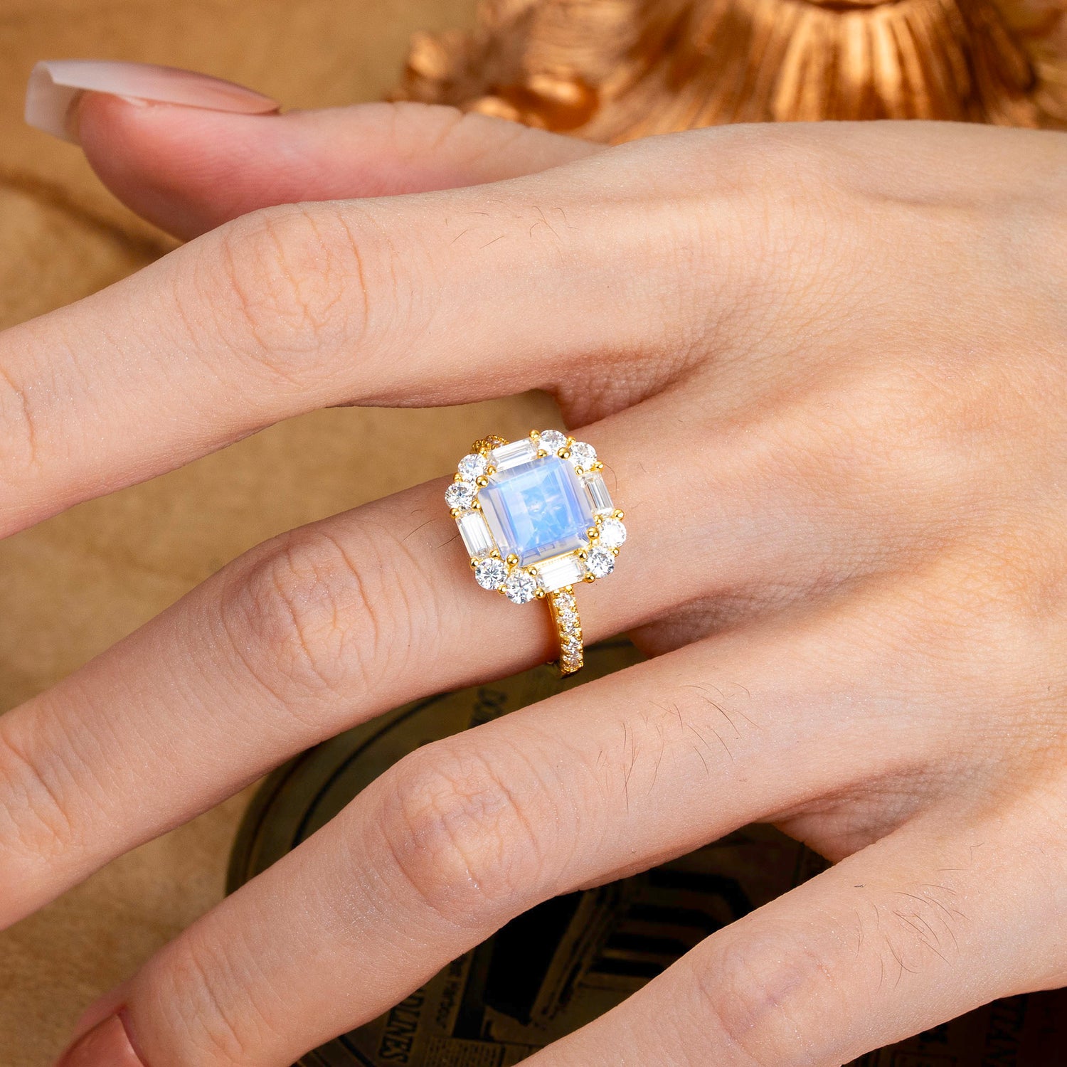 2.5CT Radiant Cut Moonstone Cluster Engagement Ring