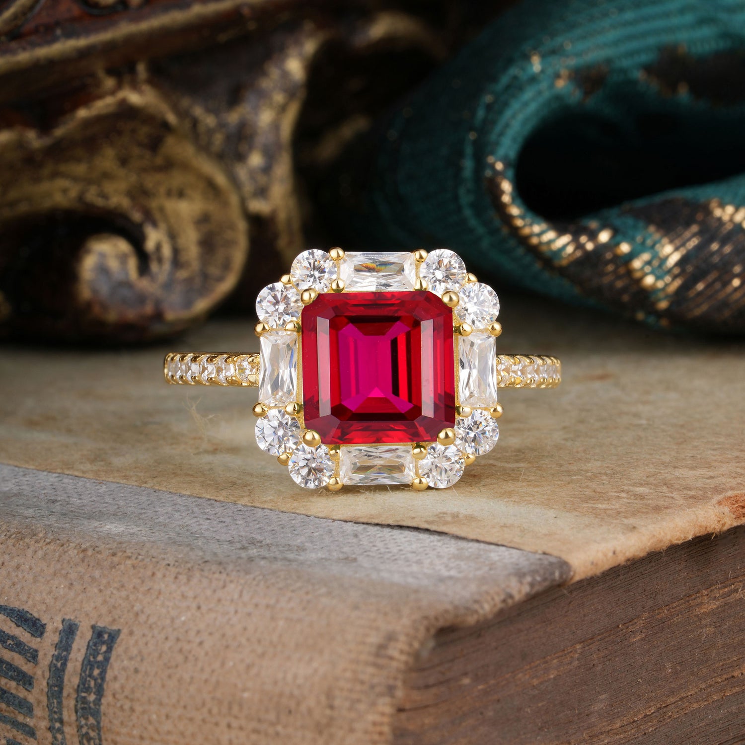 2.5CT Radiant Cut Ruby Cluster Engagement Ring