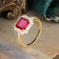 2.5CT Radiant Cut Ruby Engagement Ring Pave Halo Bridal Ring