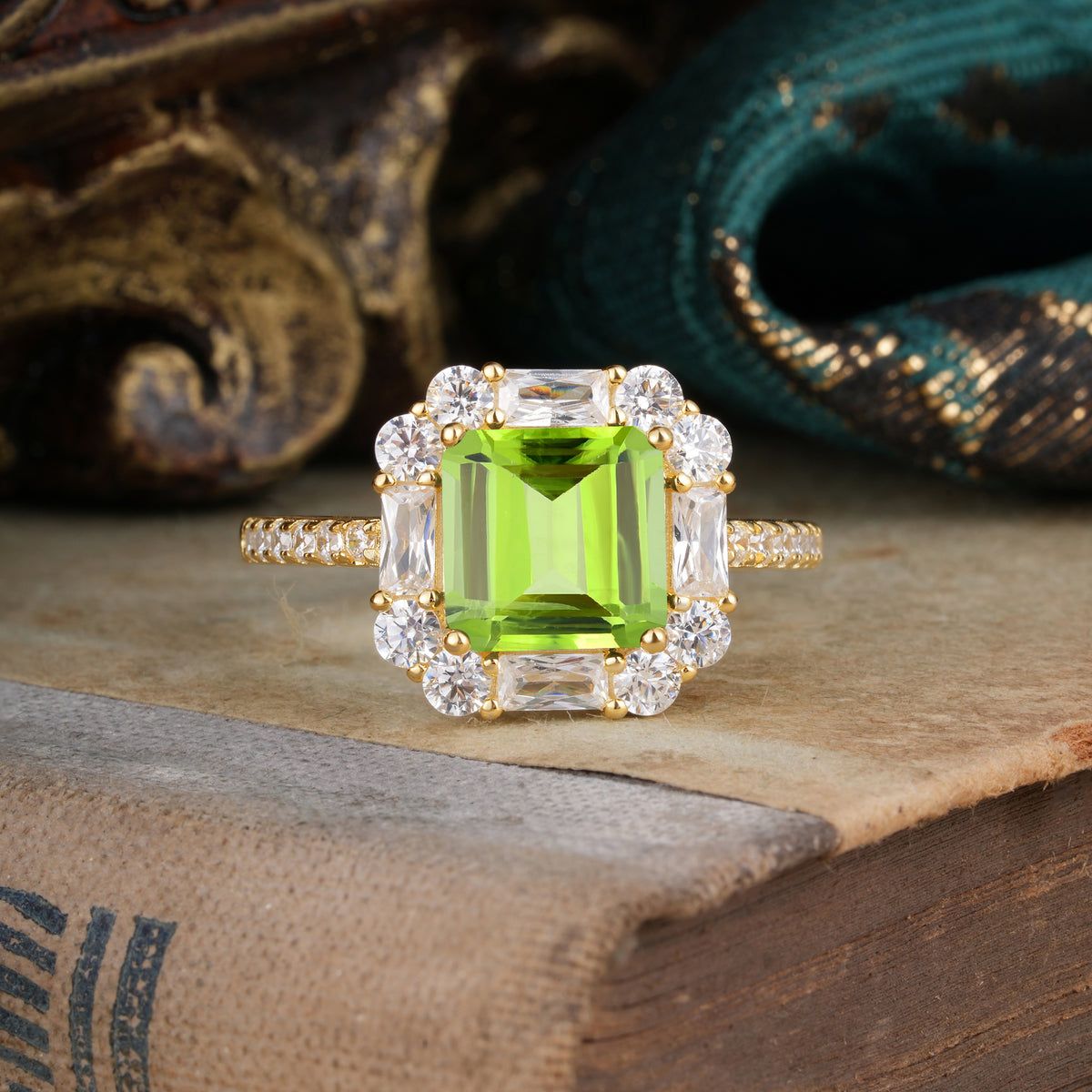2.5CT Radiant Cut Peridot Engagement Ring Pave Halo Bridal Ring     - Additional view