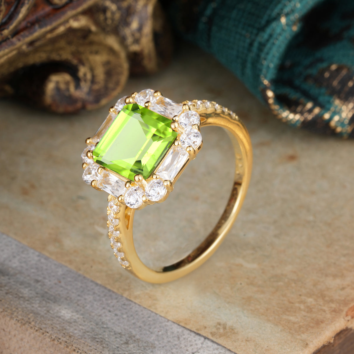 2.5CT Radiant Cut Peridot Engagement Ring Pave Halo Bridal Ring     - Additional view