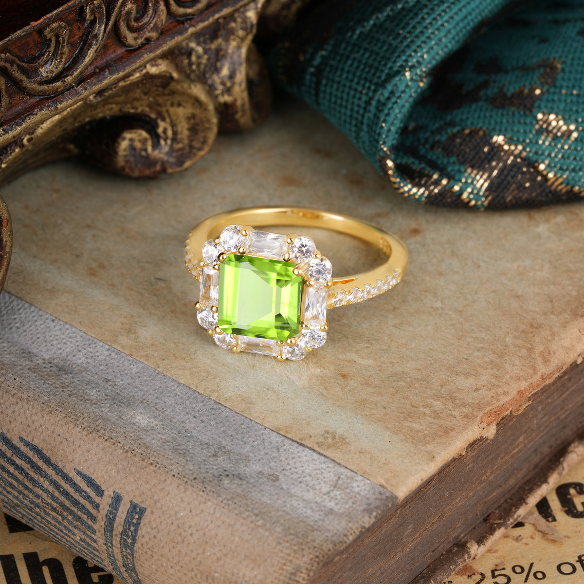 2.5CT Radiant Cut Peridot Engagement Ring Pave Halo Bridal Ring     - Additional view