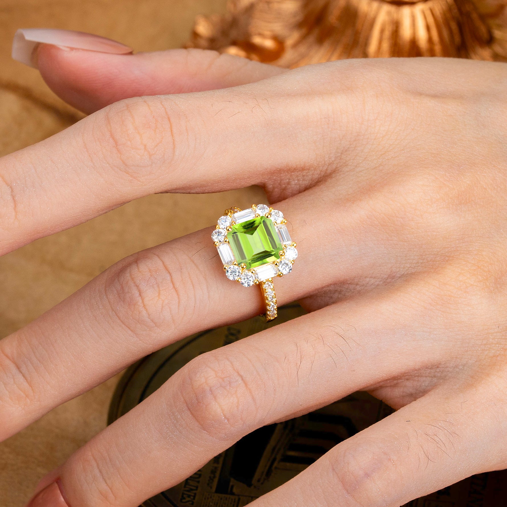 2.5CT Radiant Cut Peridot Engagement Ring Pave Halo Bridal Ring     - Additional view