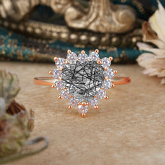 3CT Heart Cut Garnet Black Rutilated Quartz Ring Halo Promise Ring