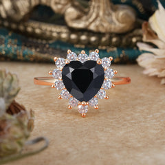 3CT Heart Cut Black Onyx Ring Halo Promise Ring