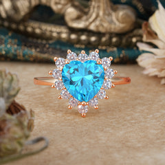 3CT Heart Cut Garnet Aquamarine Ring Halo Promise Ring