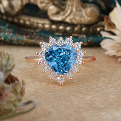 3CT Heart Cut Aquamarine Ring Halo Promise Ring