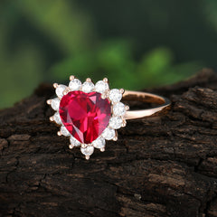 3CT Heart Cut Ruby Engagement Ring Halo Promise Ring