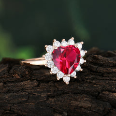 3CT Heart Cut Ruby Engagement Ring Halo Promise Ring