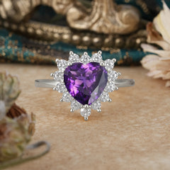 3CT Heart Cut Amethyst Ring Halo Promise Ring