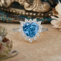 3CT Heart Cut Aquamarine Ring Halo Promise Ring
