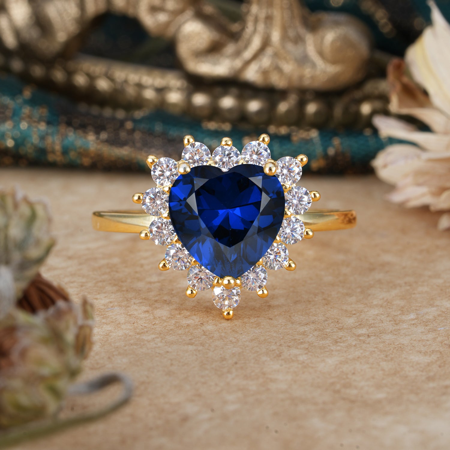 3CT Heart Cut Sapphire Engagement Ring Halo Promise Ring - Romalar Jewelry