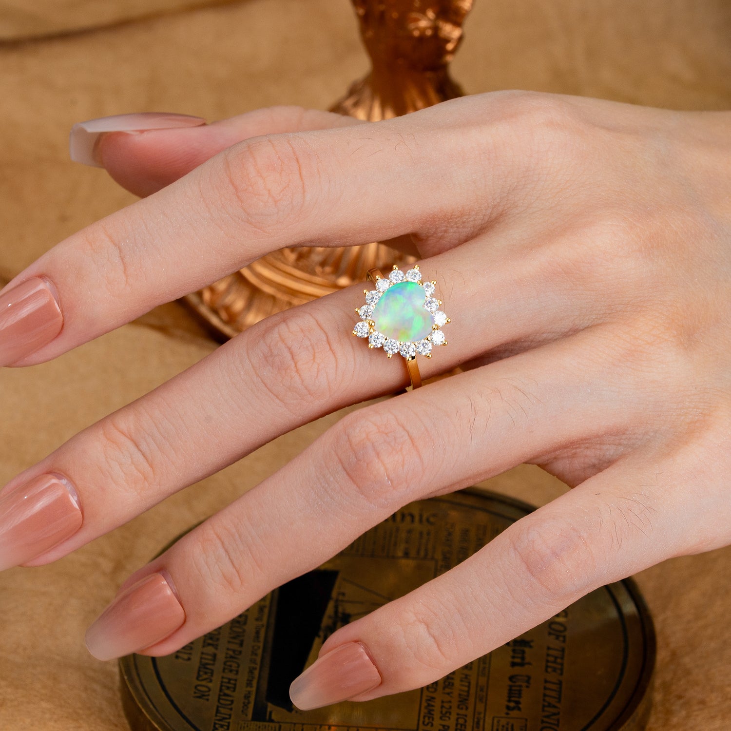 3CT Heart Cut Opal Ring Halo Promise Ring