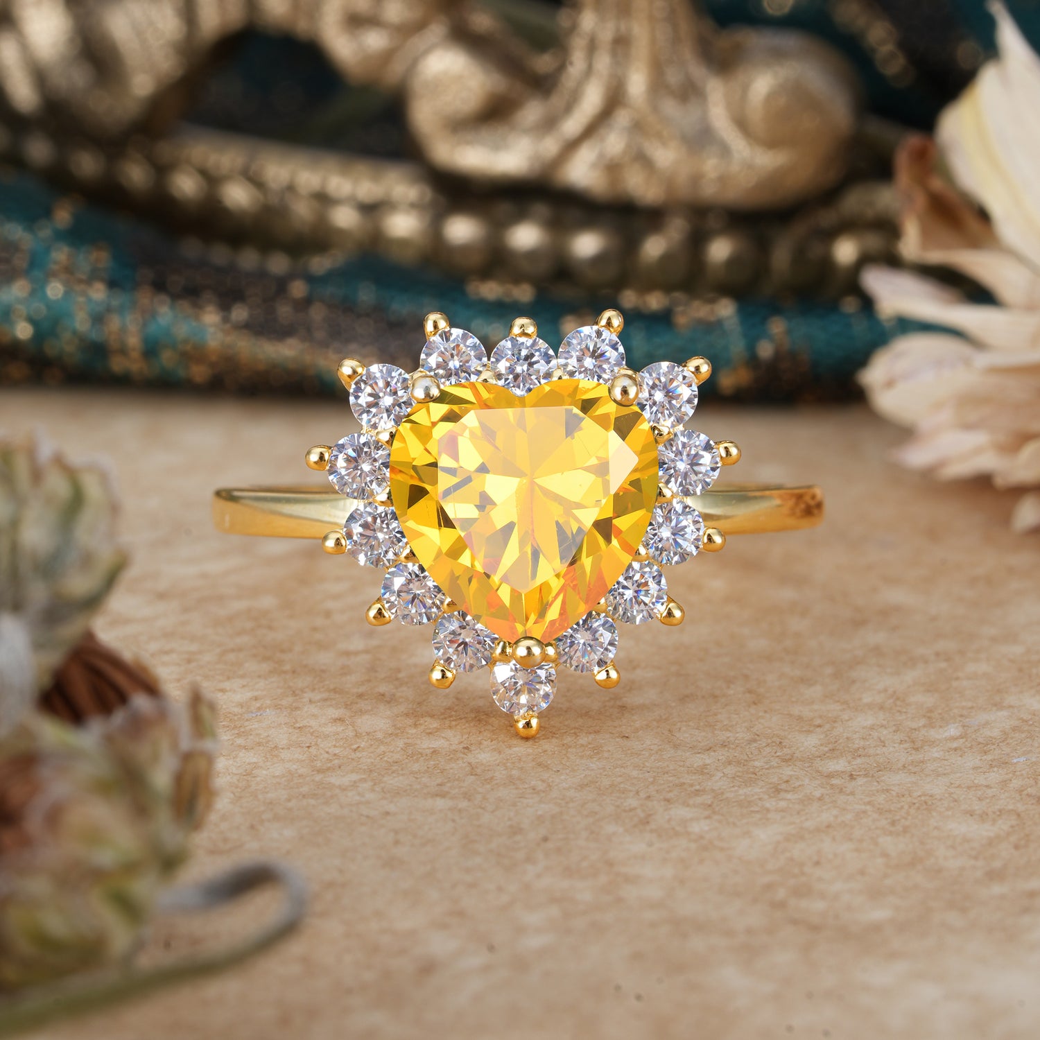 3CT Heart Cut Halo Citrine Engagement Ring
