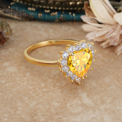 3CT Heart Cut Citrine Engagement Ring Halo Promise Ring