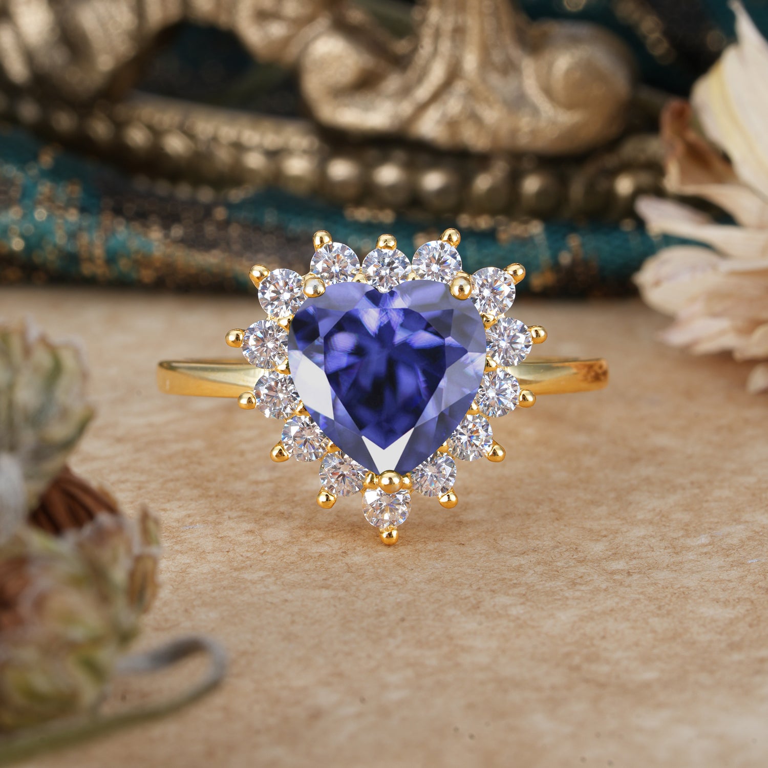 3CT Heart Cut Tanzanite Ring Halo Promise Ring - Romalar Jewelry