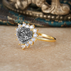 3CT Heart Cut Garnet Black Rutilated Quartz Ring Halo Promise Ring