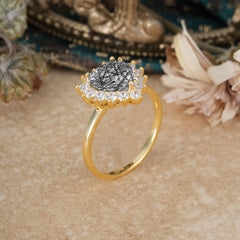 3CT Heart Cut Garnet Black Rutilated Quartz Ring Halo Promise Ring