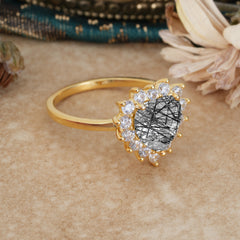 3CT Heart Cut Garnet Black Rutilated Quartz Ring Halo Promise Ring