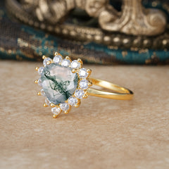 3CT Heart Cut Moss Agate Engagement Ring Halo Promise Ring