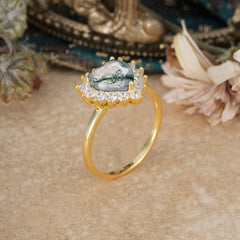 3CT Heart Cut Moss Agate Engagement Ring Halo Promise Ring