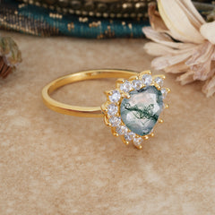 3CT Heart Cut Moss Agate Engagement Ring Halo Promise Ring