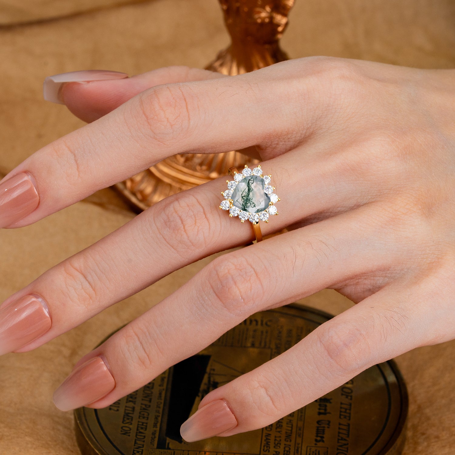 3CT Heart Cut Moss Agate Engagement Ring Halo Promise Ring