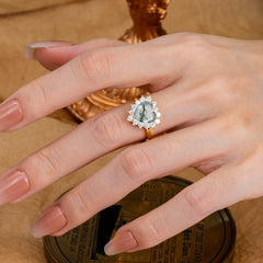 3CT Heart Cut Moss Agate Engagement Ring Halo Promise Ring