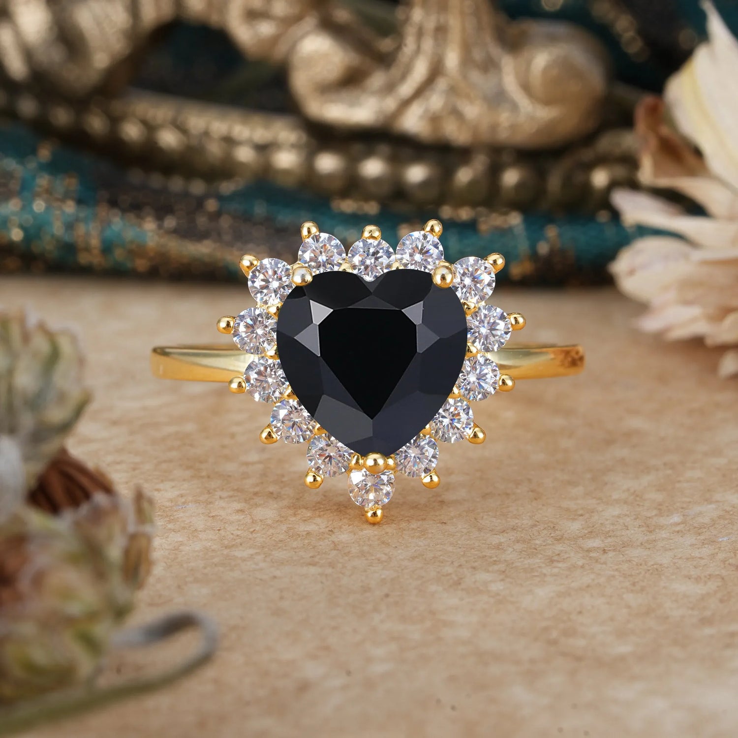 3CT Heart Cut Black Onyx Ring Halo Promise Ring - Romalar Jewelry