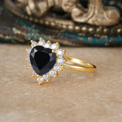 3CT Heart Cut Black Onyx Ring Halo Promise Ring