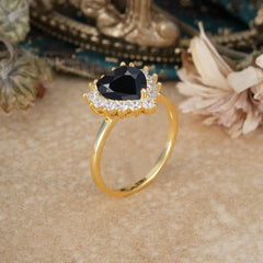 3CT Heart Cut Black Onyx Ring Halo Promise Ring