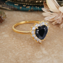 3CT Heart Cut Black Onyx Ring Halo Promise Ring