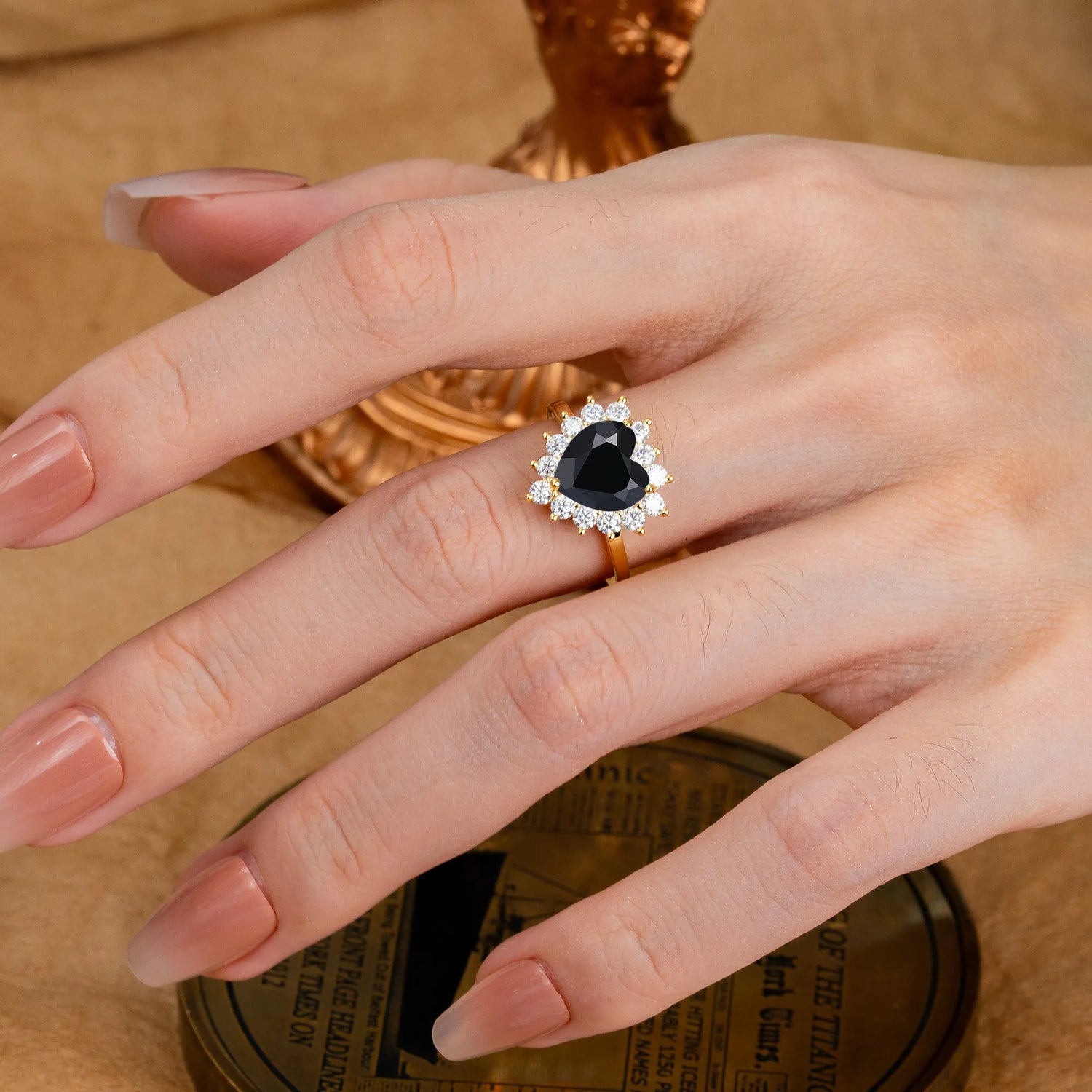 3CT Heart Cut Black Onyx Ring Halo Promise Ring - Romalar Jewelry