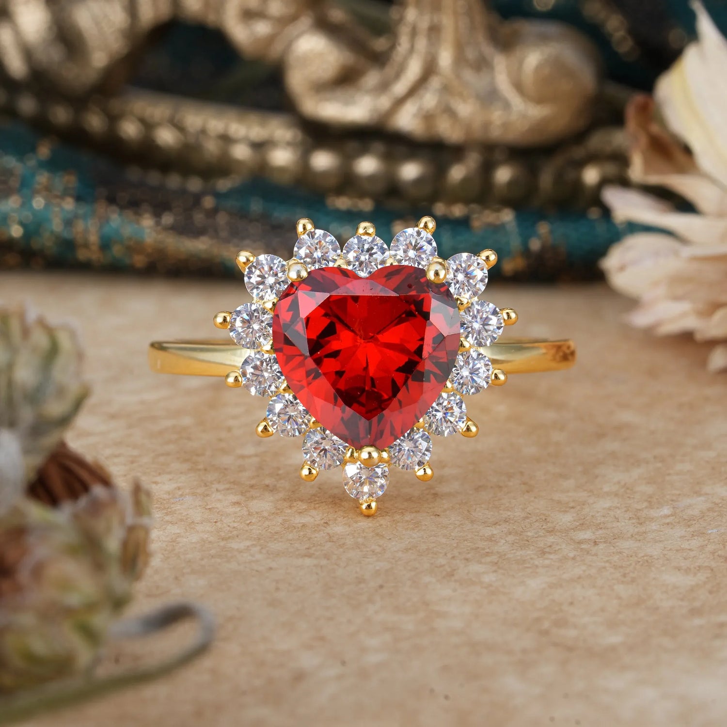 3CT Heart Cut Garnet Engagement Ring Halo Promise Ring - Romalar Jewelry