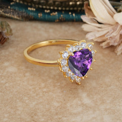 3CT Heart Cut Amethyst Ring Halo Promise Ring