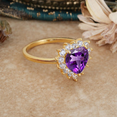 3CT Heart Cut Garnet Amethyst Ring Halo Promise Ring
