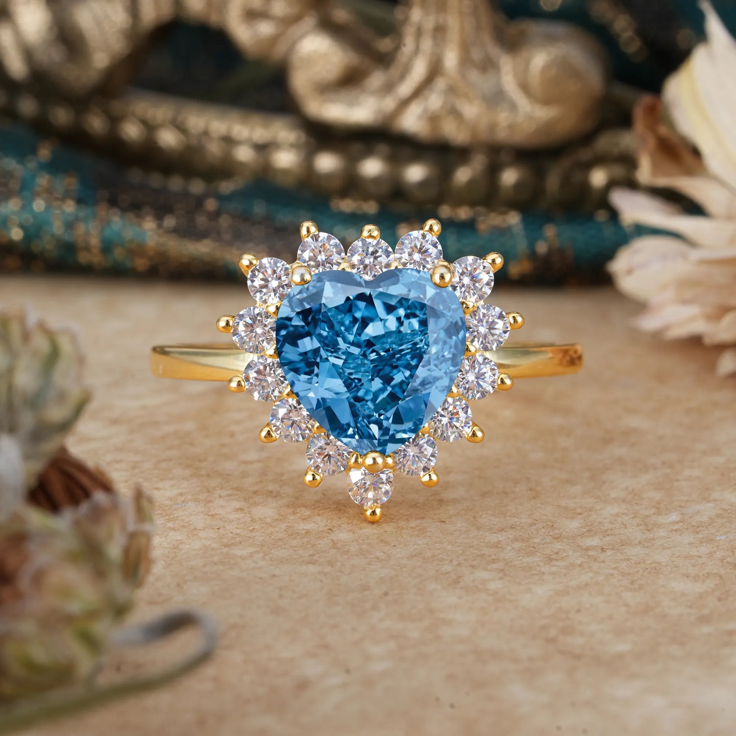 3CT Heart Cut Aquamarine Ring Halo Promise Ring