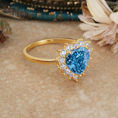 3CT Heart Cut Aquamarine Ring Halo Promise Ring