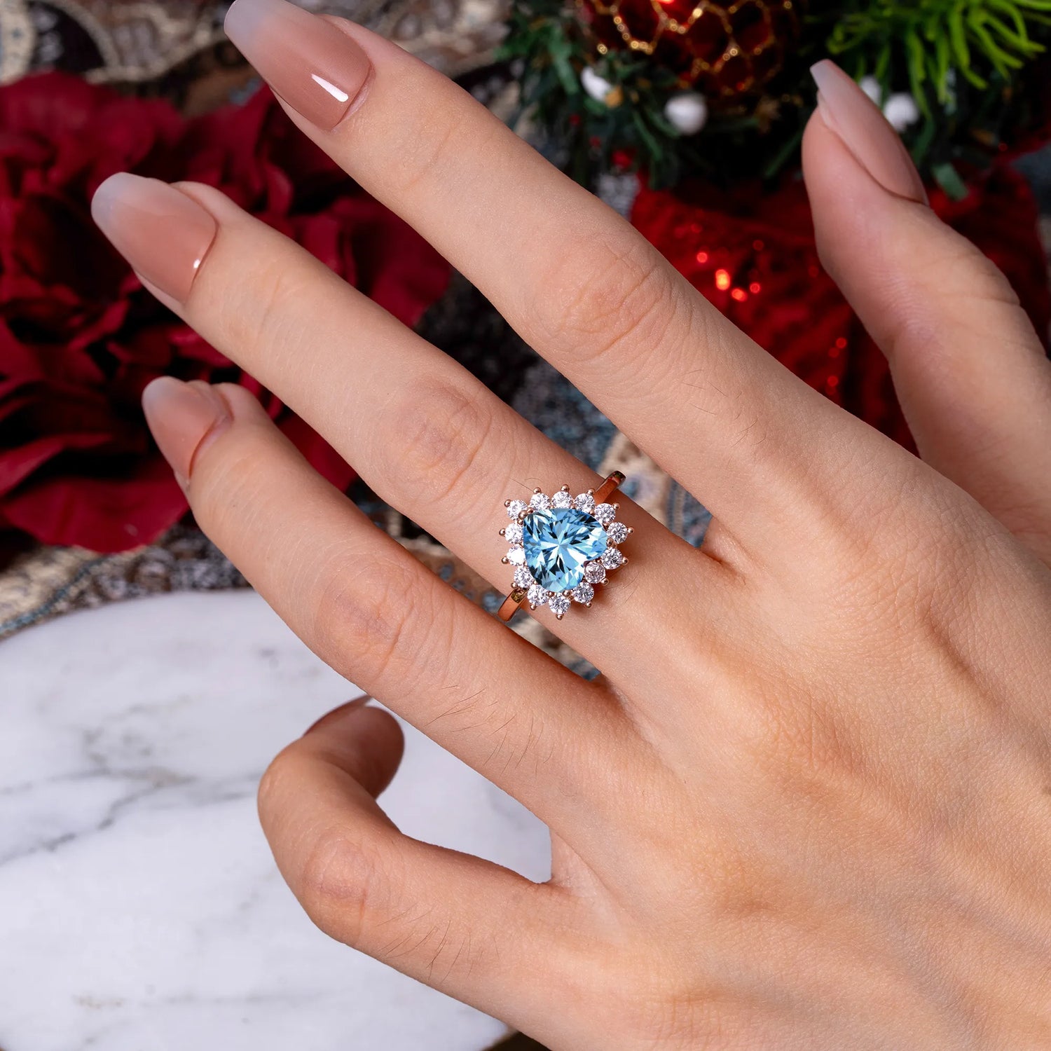 3CT Heart Cut Aquamarine Ring Halo Promise Ring